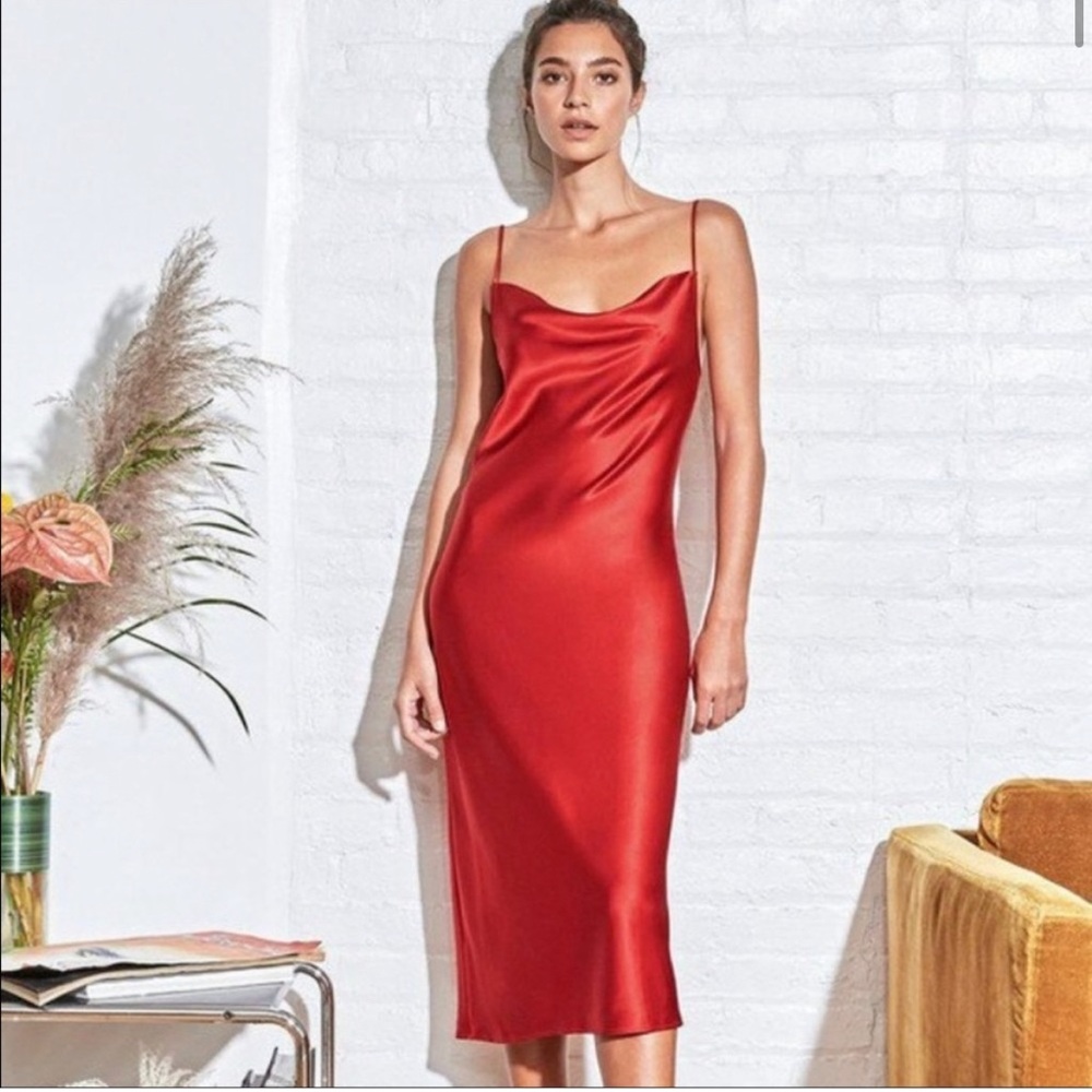 BEBE SATIN COWL NECK SLIP MIDI DRESS Red